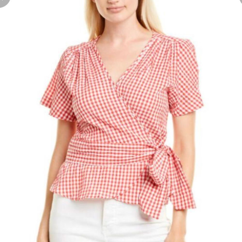 Max Studio Red and White Gingham Wrap Blouse